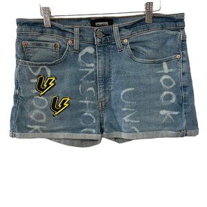 Unshook Womens 32 Brushed Logo Denim Shorts Upcycled Streetwear U-Bolt Patches